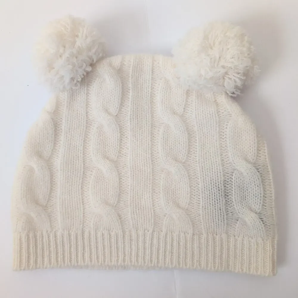 Sofia Cashmere Baby Beanie Hat Cable Knit White‎ Pom Pom 100% Cashmere Cao Soft